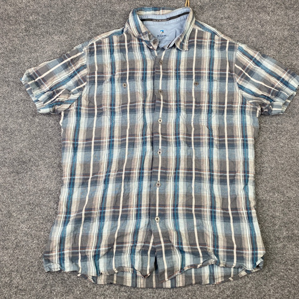 Kuhl Mens Tapered Fit Plaid Short Sleeve Button Down Shirt Blue Grey Large 7277